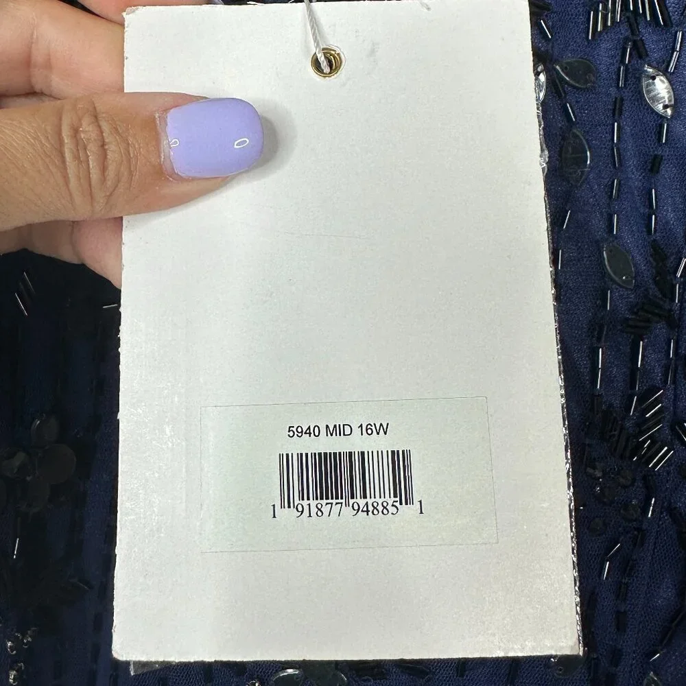 NWT Mac Duggal High Neck Puff Sleeve Embellished Dress Midnight 16W #7929 - Picture 6 of 8